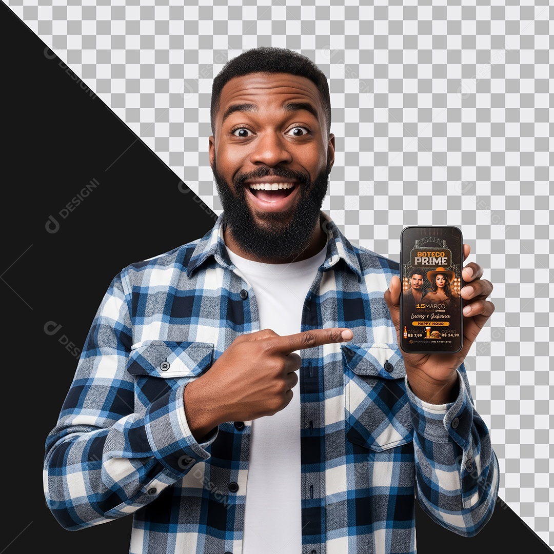 Mockup Homem Negro com Celular na Mão PSD Editável