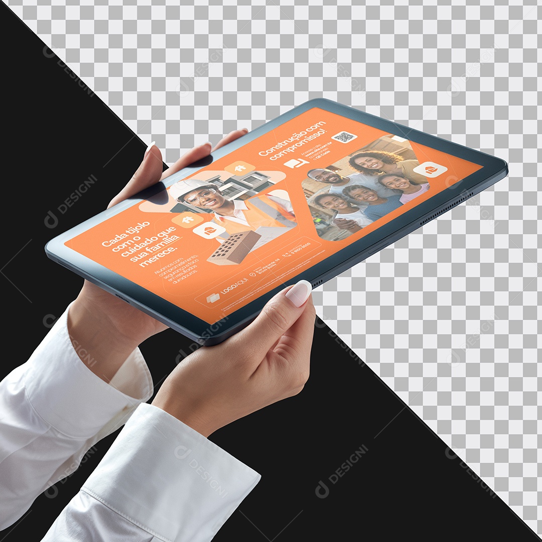 Mockup Mulher Segurando Um Tablet com As Duas Mãos PSD Editável