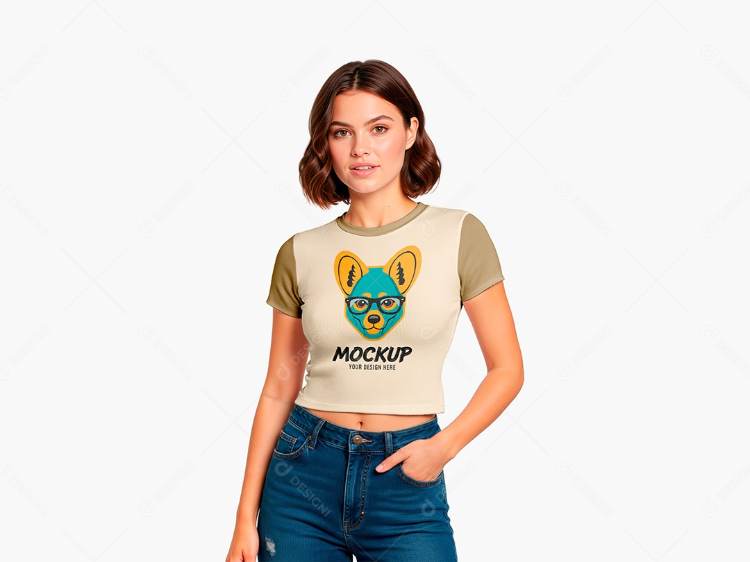 Camiseta cropped mockup em pessoa, fundo liso