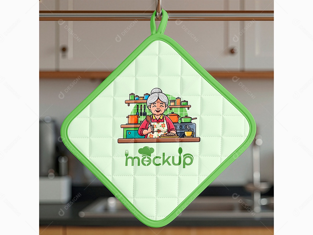 Pegador de panela mockup pendurado na cozinha, com armários e bancada