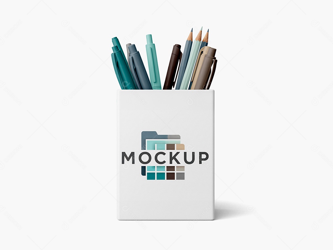 Porta-canetas mockup em estúdio, vista frontal