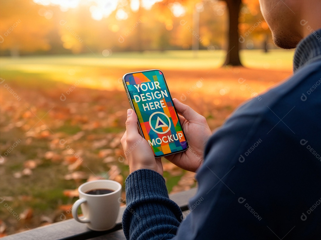 Smartphone mockup em mãos em parque, com caneca em banco e paisagem de outono desfocada