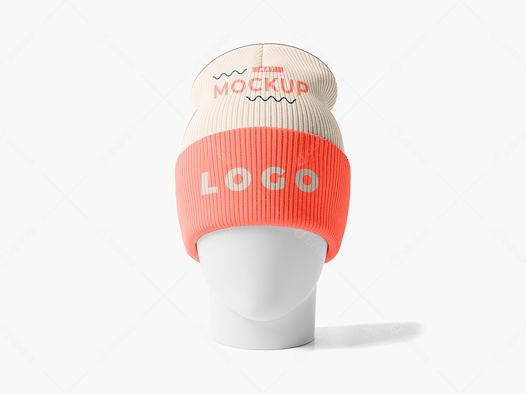 Touca mockup em suporte de cabeça, vista frontal em fundo branco PSD