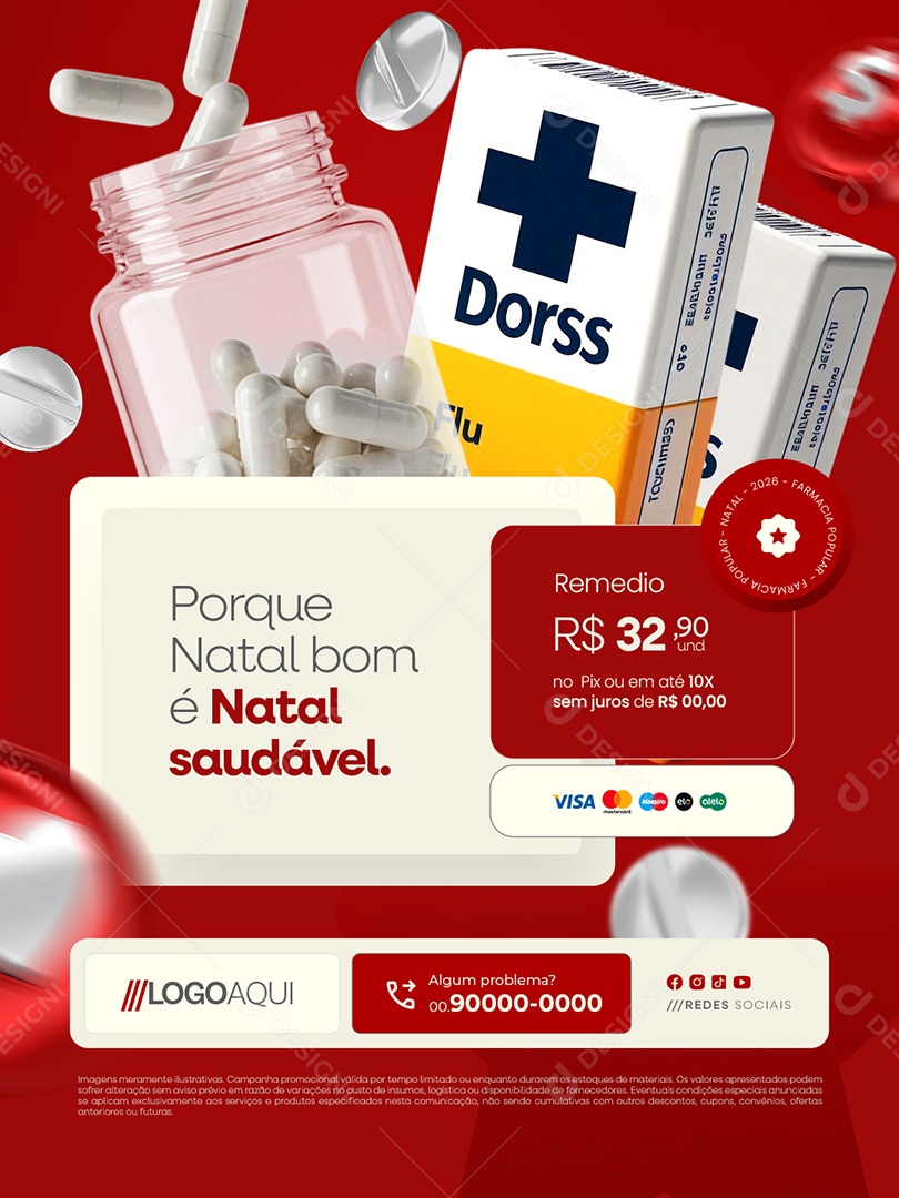 Farmácia Porque Natal Bom é Natal Saudável Social Media PSD Editável