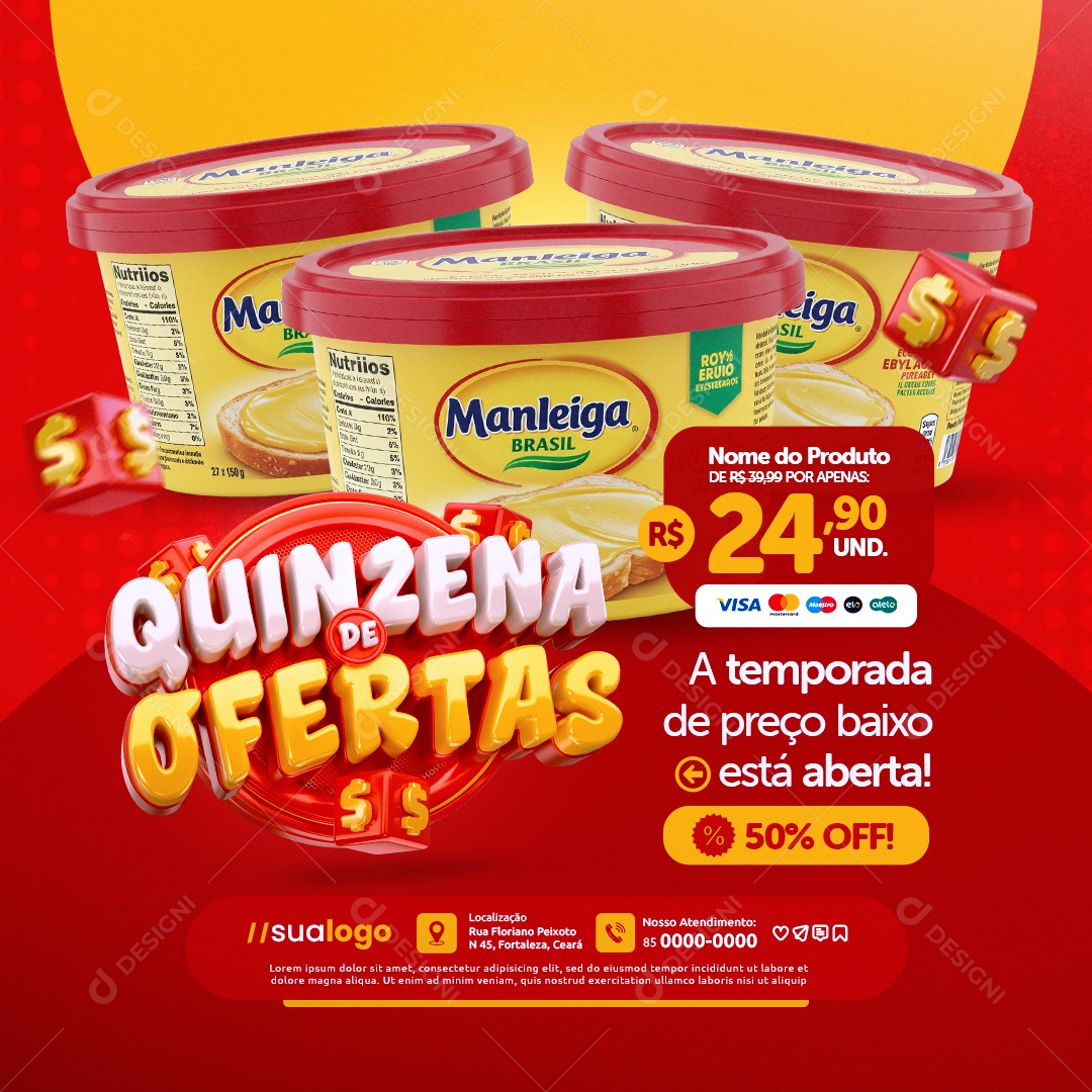 Quinzena de Ofertas Supermercado Manteiga 50% Off Social Media PSD Editável