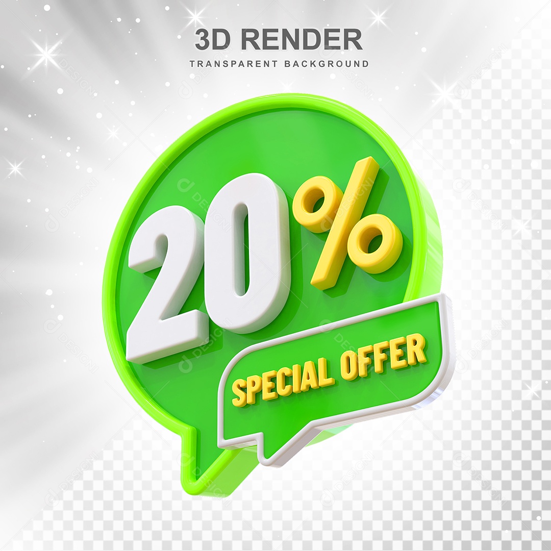 Número 20% Elemento 3D Verde Amarelo E Branco para Composição PSD