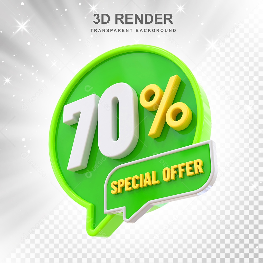 Número 70% Elemento 3D Verde Amarelo E Branco para Composição PSD