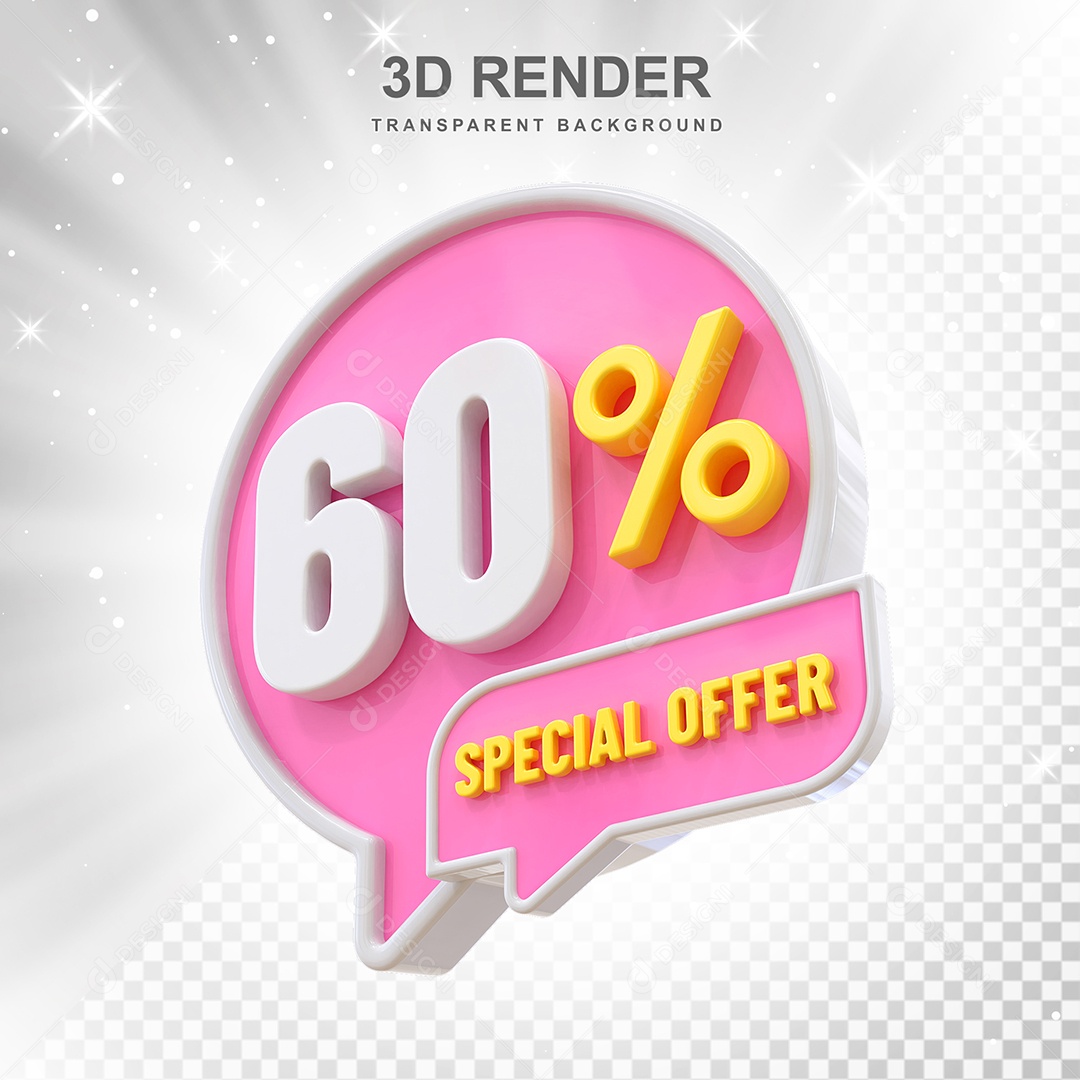 Número 60% Elemento 3D Rosa Amarelo E Branco para Composição PSD