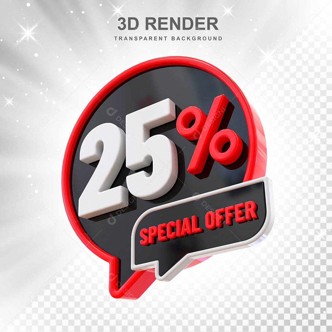 Número 25% Elemento 3D Vermelho Preto E Branco para Composição PSD