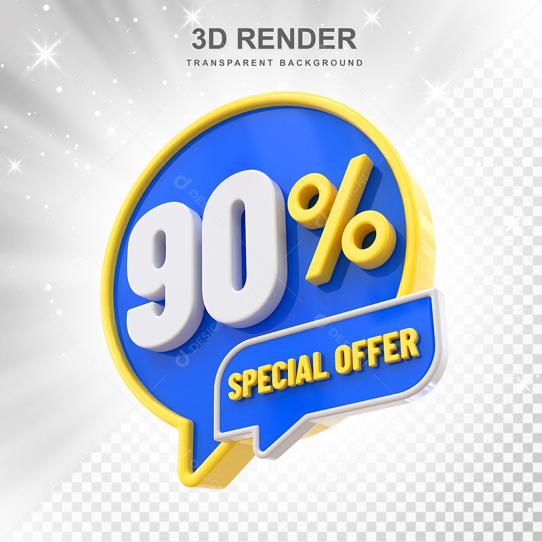 Número 90% Elemento 3D Amarelo Azul E Branco para Composição PSD