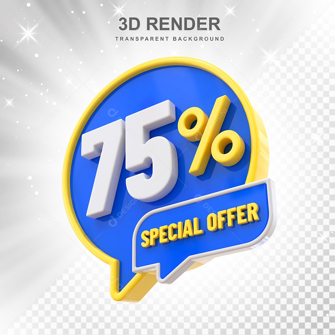 Número 75% Elemento 3D Amarelo Azul E Branco para Composição PSD