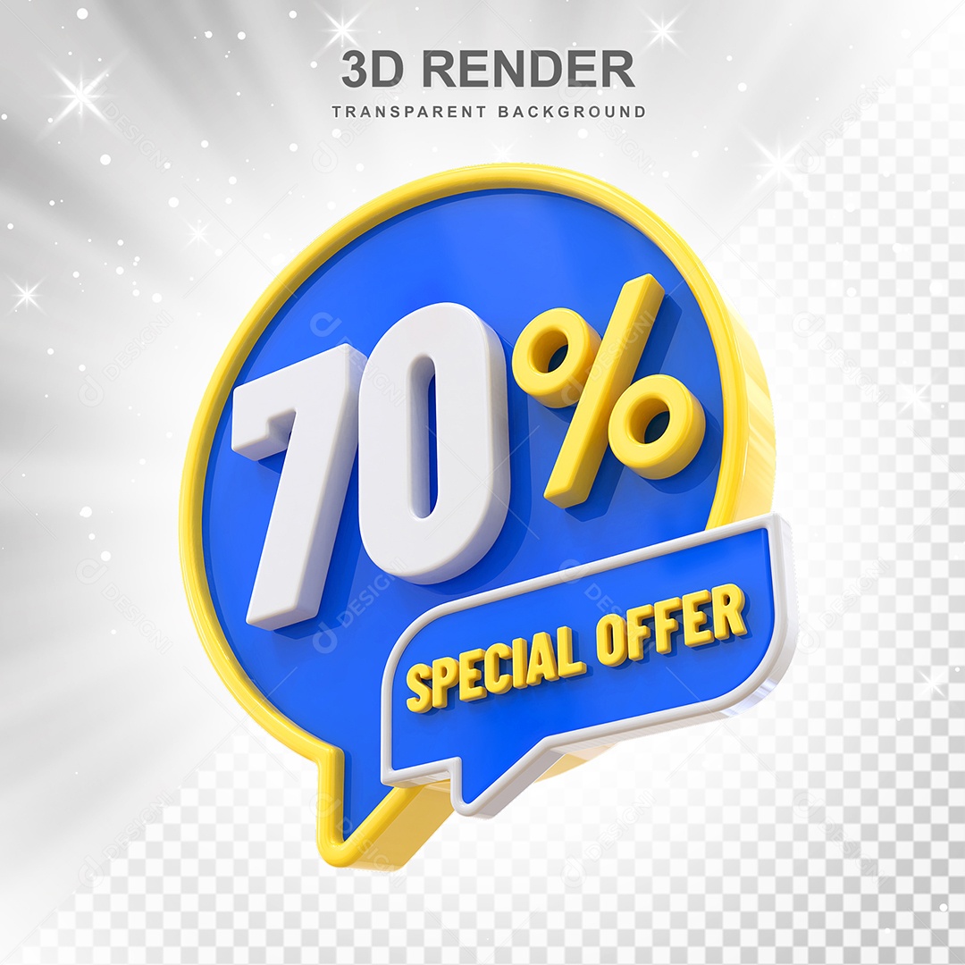 Número 70% Elemento 3D Amarelo Azul E Branco para Composição PSD