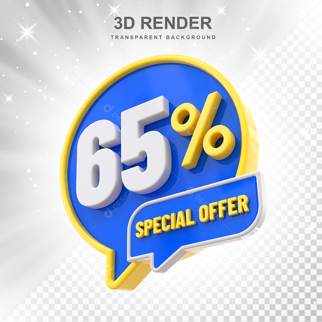 Número 65% Elemento 3D Amarelo Azul E Branco para Composição PSD