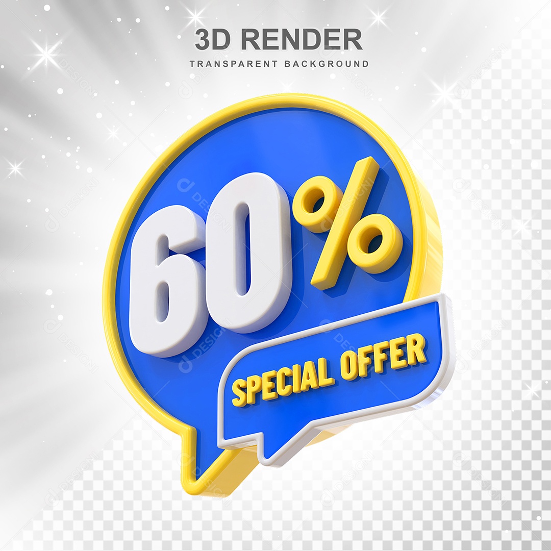 Número 60% Elemento 3D Amarelo Azul E Branco para Composição PSD