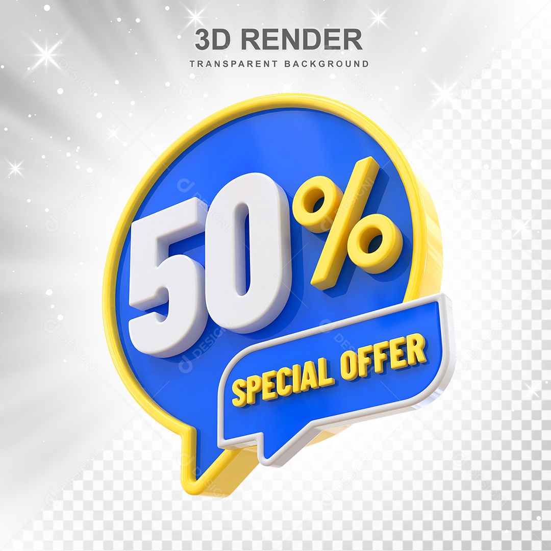 Número 50% Elemento 3D Amarelo Azul E Branco para Composição PSD