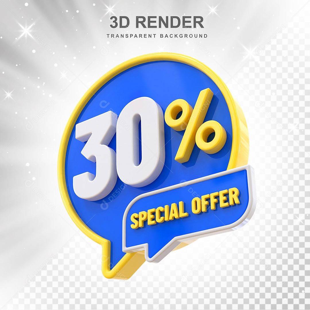 Número 30% Elemento 3D Amarelo Azul E Branco para Composição PSD