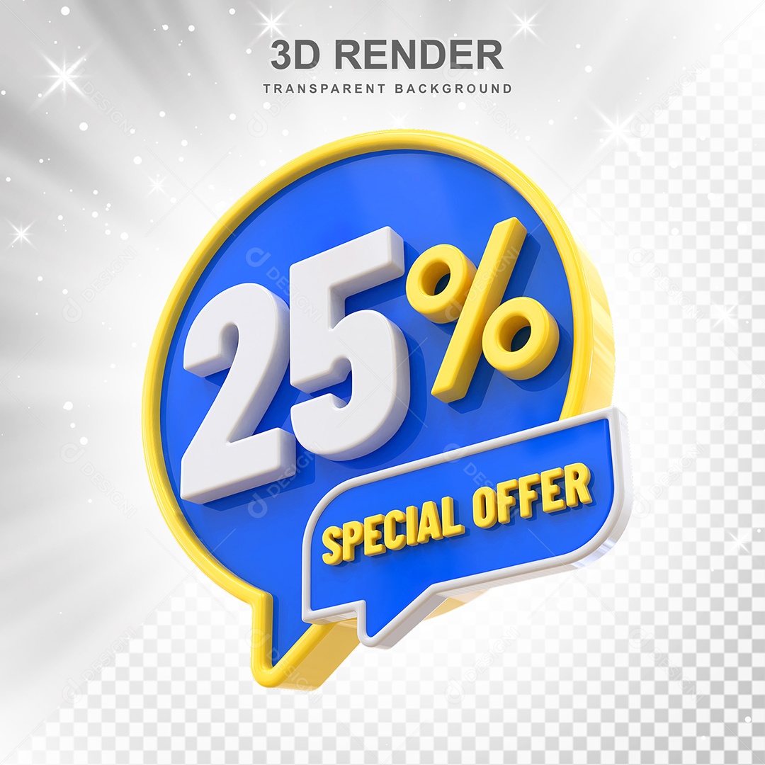 Número 25% Elemento 3D Amarelo Azul E Branco para Composição PSD