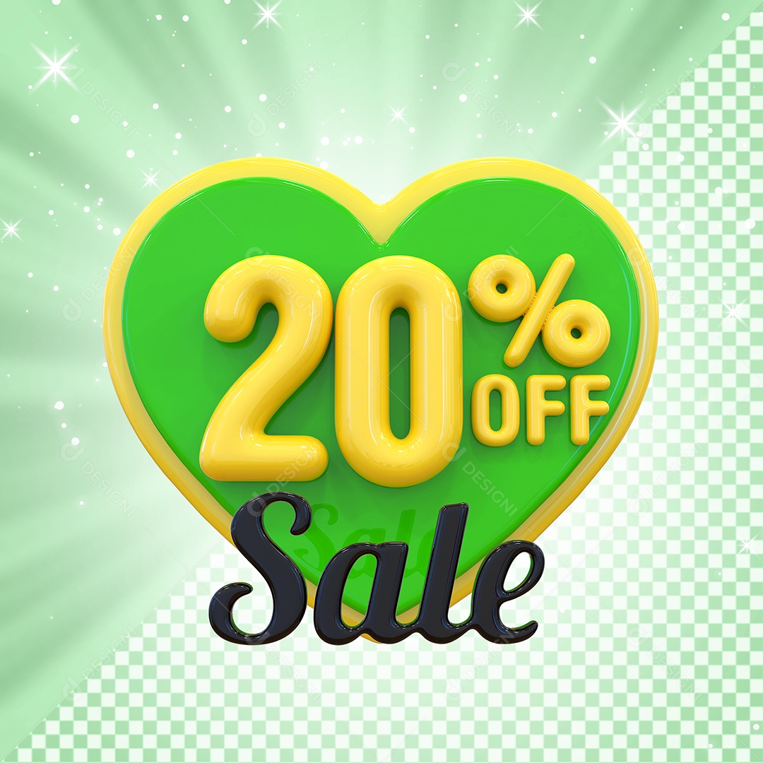 Número 20% Elemento 3D Amarelo E Verde para Composição PSD