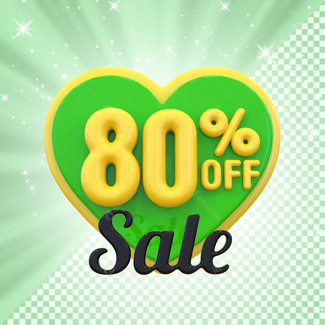 Número 80% Elemento 3D Amarelo E Verde para Composição PSD