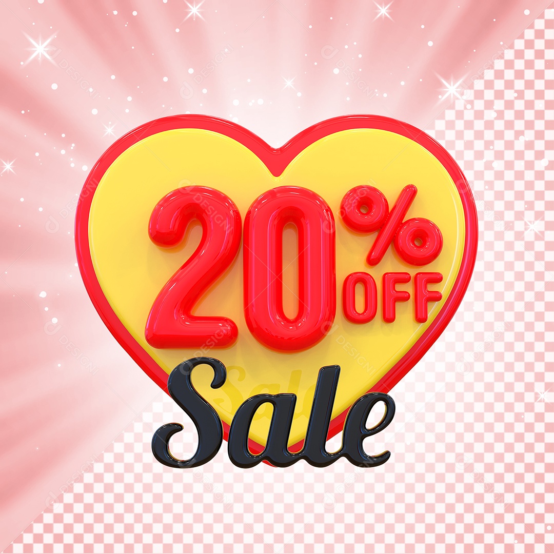 Número 20% Elemento 3D Amarelo E Vermelho para Composição PSD