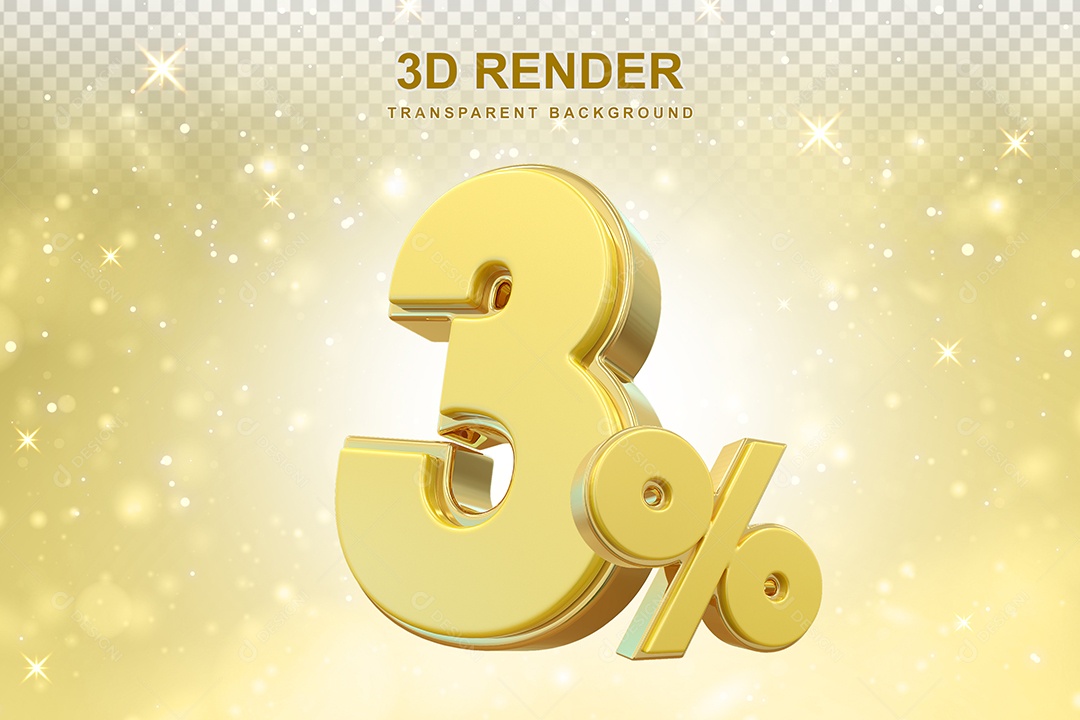 Número de Desconto 3% Elemento 3D Dourado para Composição PSD