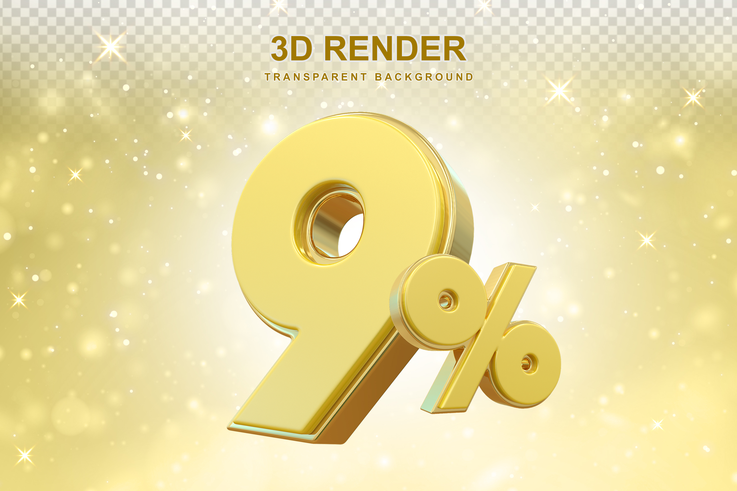 Número de Desconto 9% Elemento 3D Dourado para Composição PSD