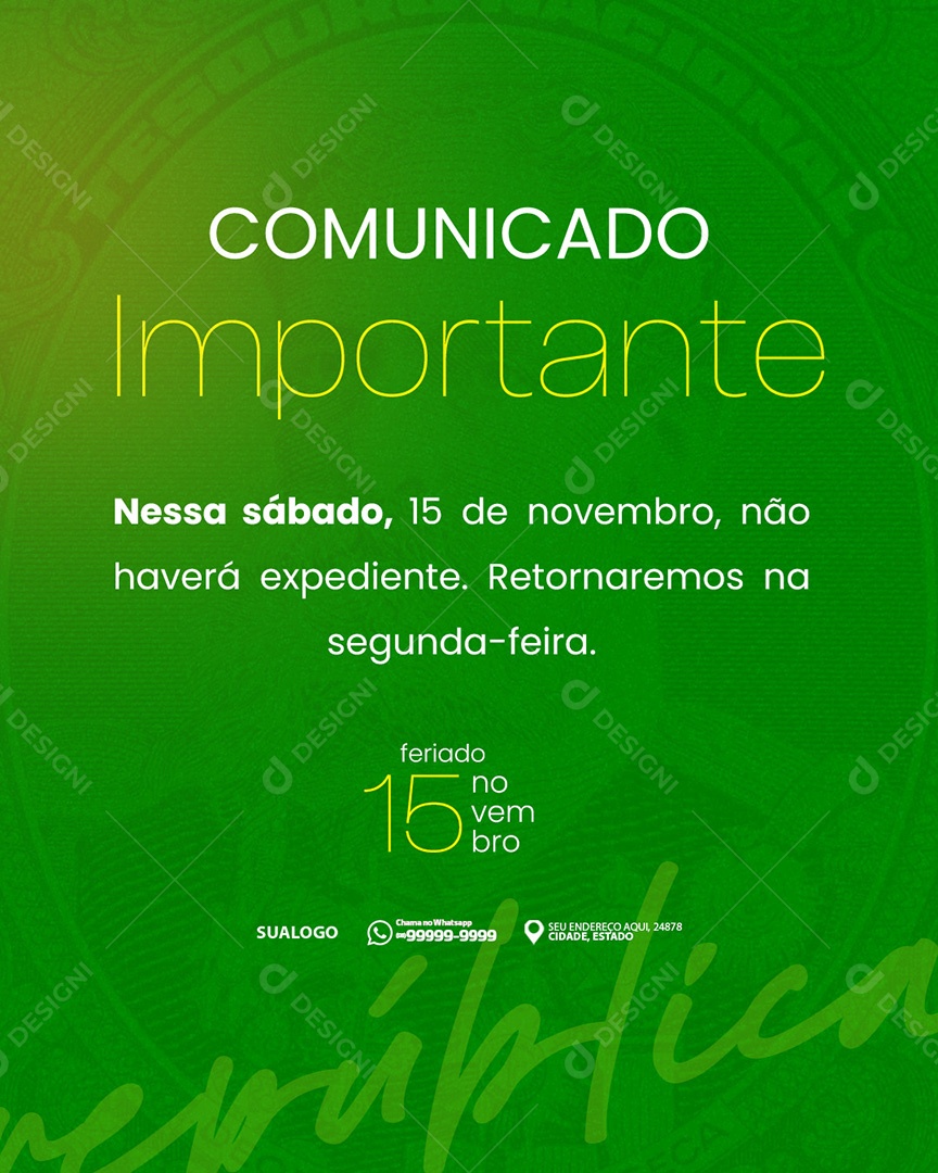 Comunicado 15 de Novembro Proclamção da República Feed Social Media PSD Editável