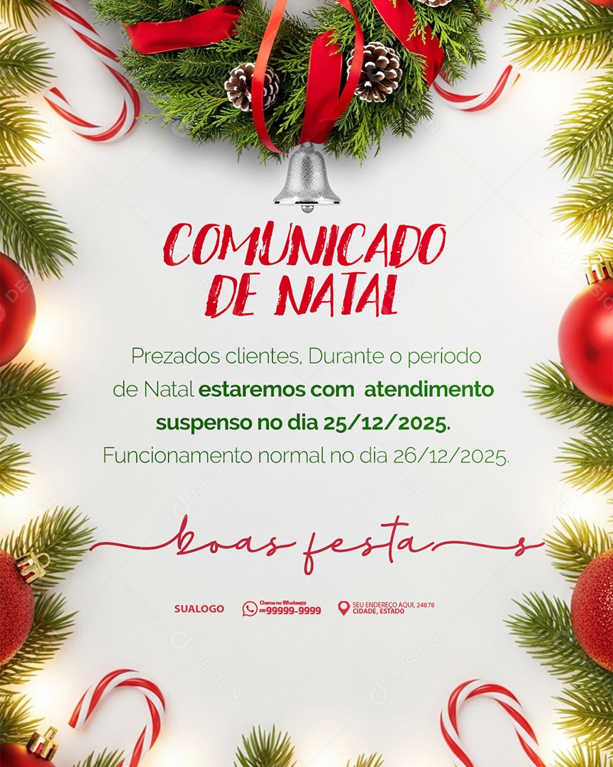 Comunicado De Natal Aviso Anúncio Recesso Feriado Estaremos com Atendimento Social Media PSD Editável