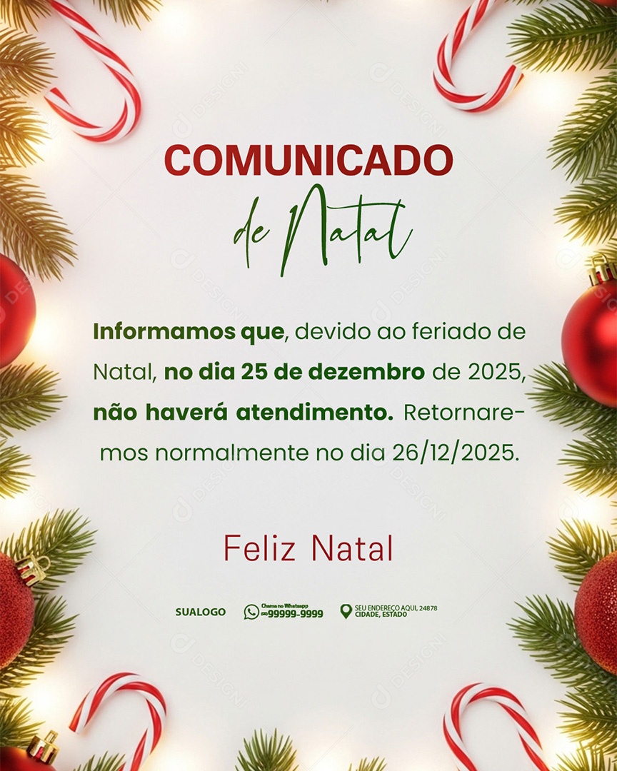 Comunicado De Natal Aviso Anúncio Recesso Feriado Informamos Social Media PSD Editável