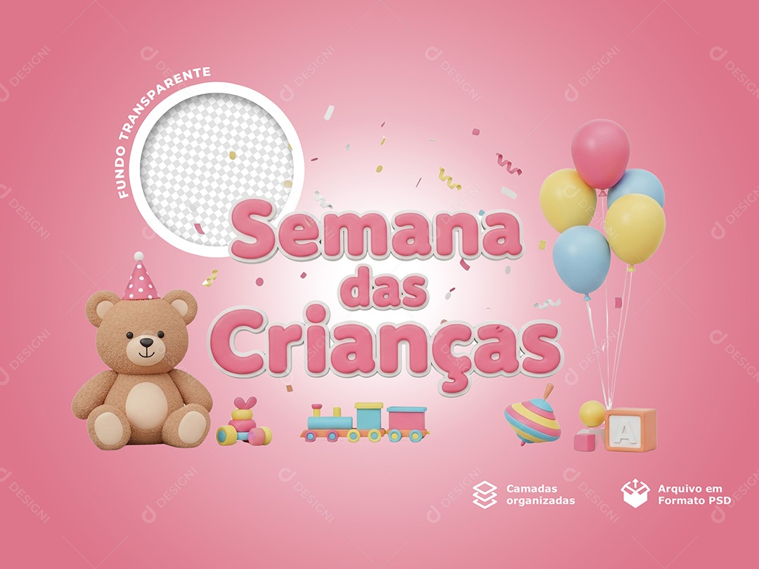 Selo 3D Semana Das Crianças Rosa Para Composição PSD