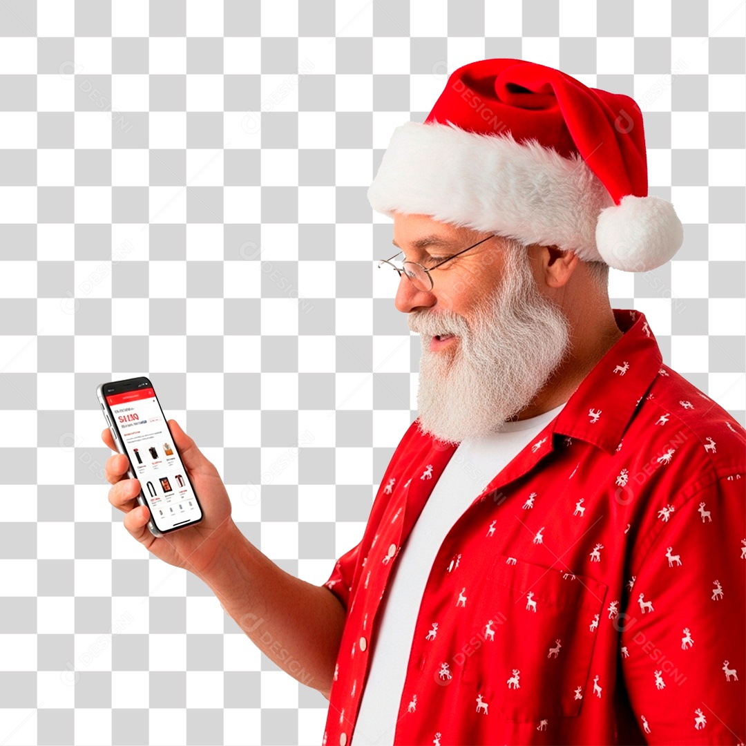 Papai Noel Segurando Celular PNG Transparente