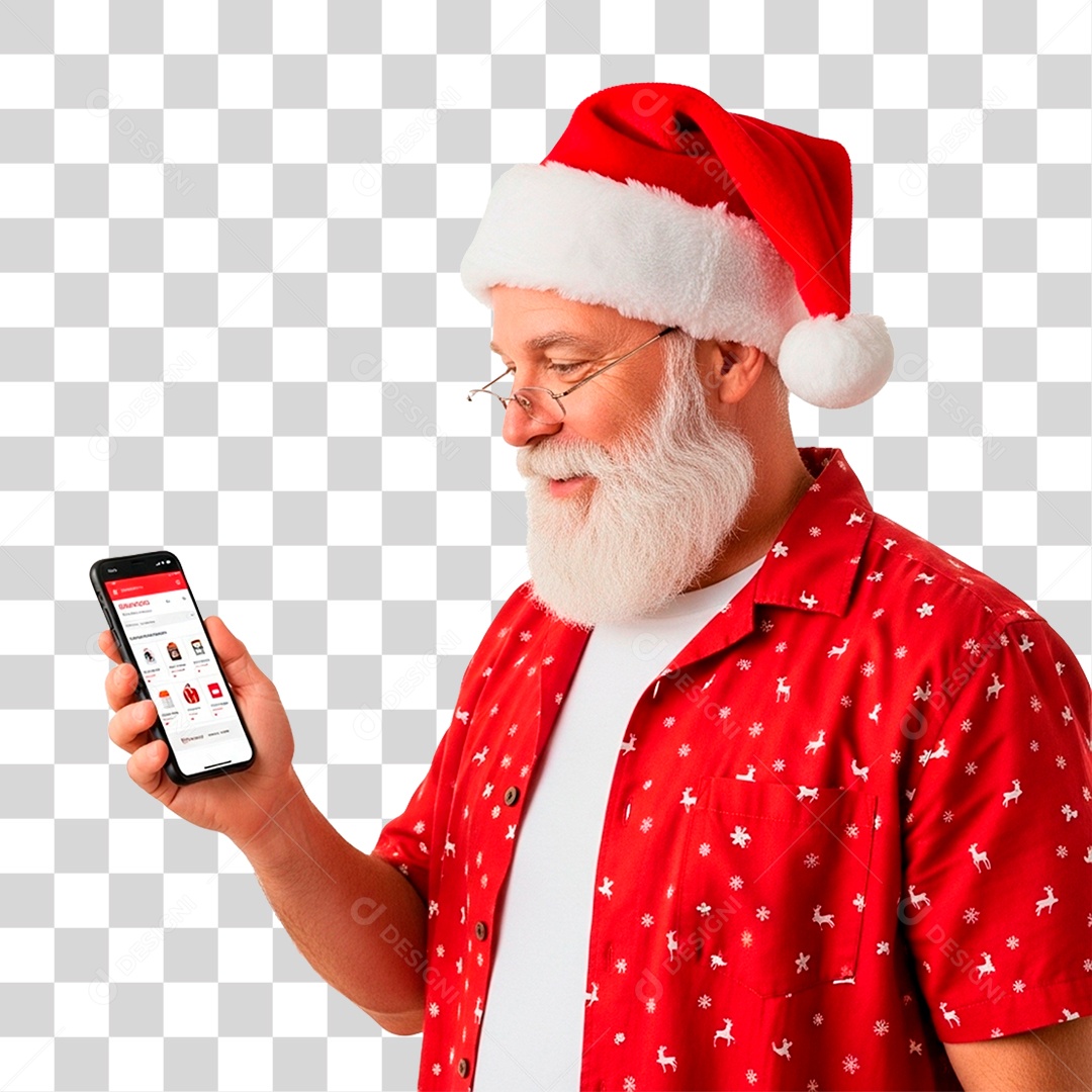 Papai Noel Segurando Celular PNG Transparente