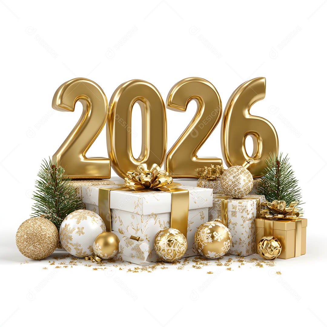 Vista frontal Feliz Ano Novo 2026 dourado sob fundo branco isolado