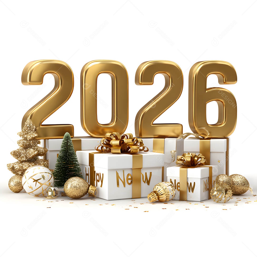 Vista frontal Feliz Ano Novo 2026 dourado sob fundo branco isolado
