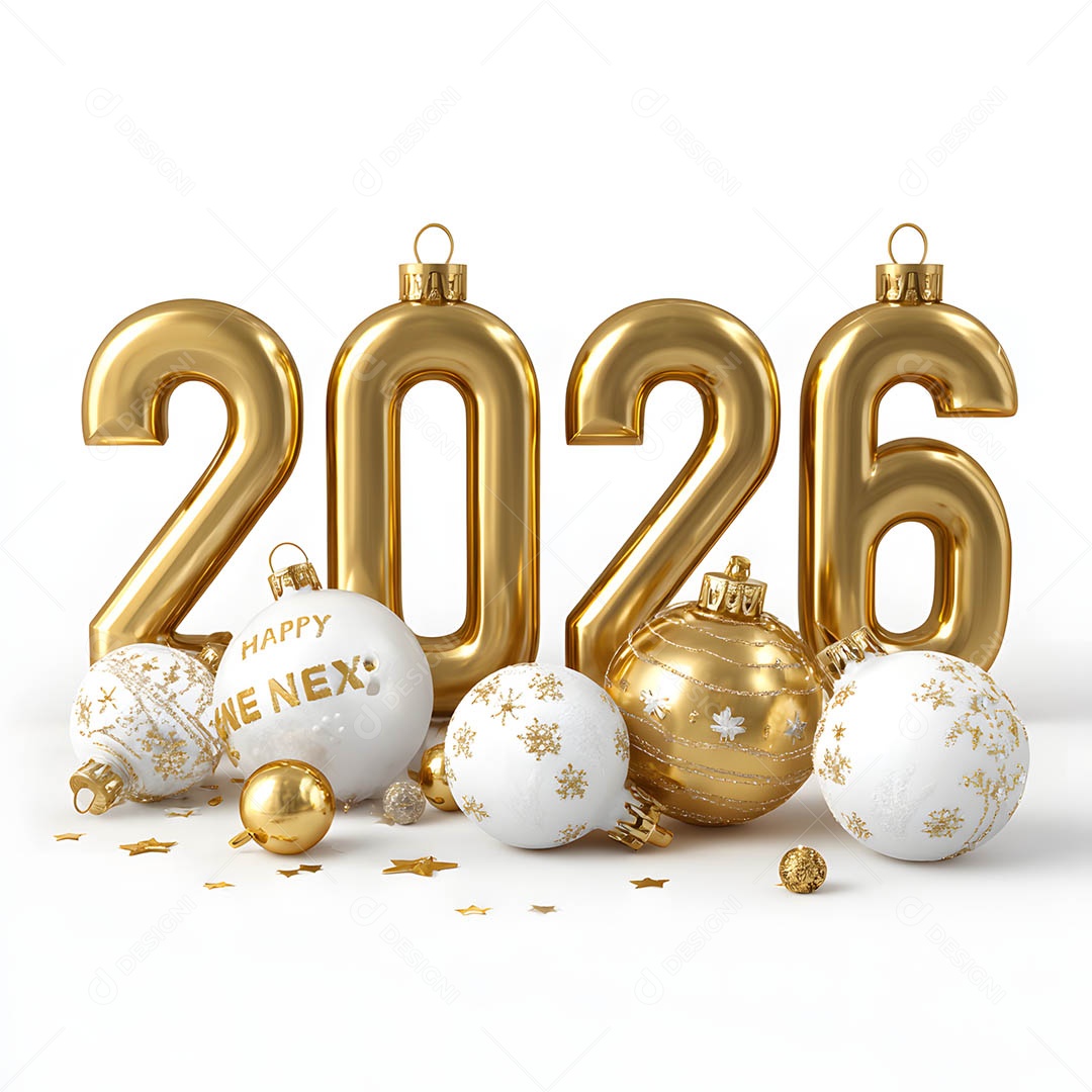 Vista frontal Feliz Ano Novo 2026 dourado sob fundo branco isolado