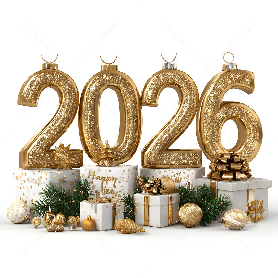 Vista frontal Feliz Ano Novo 2026 dourado sob fundo branco isolado