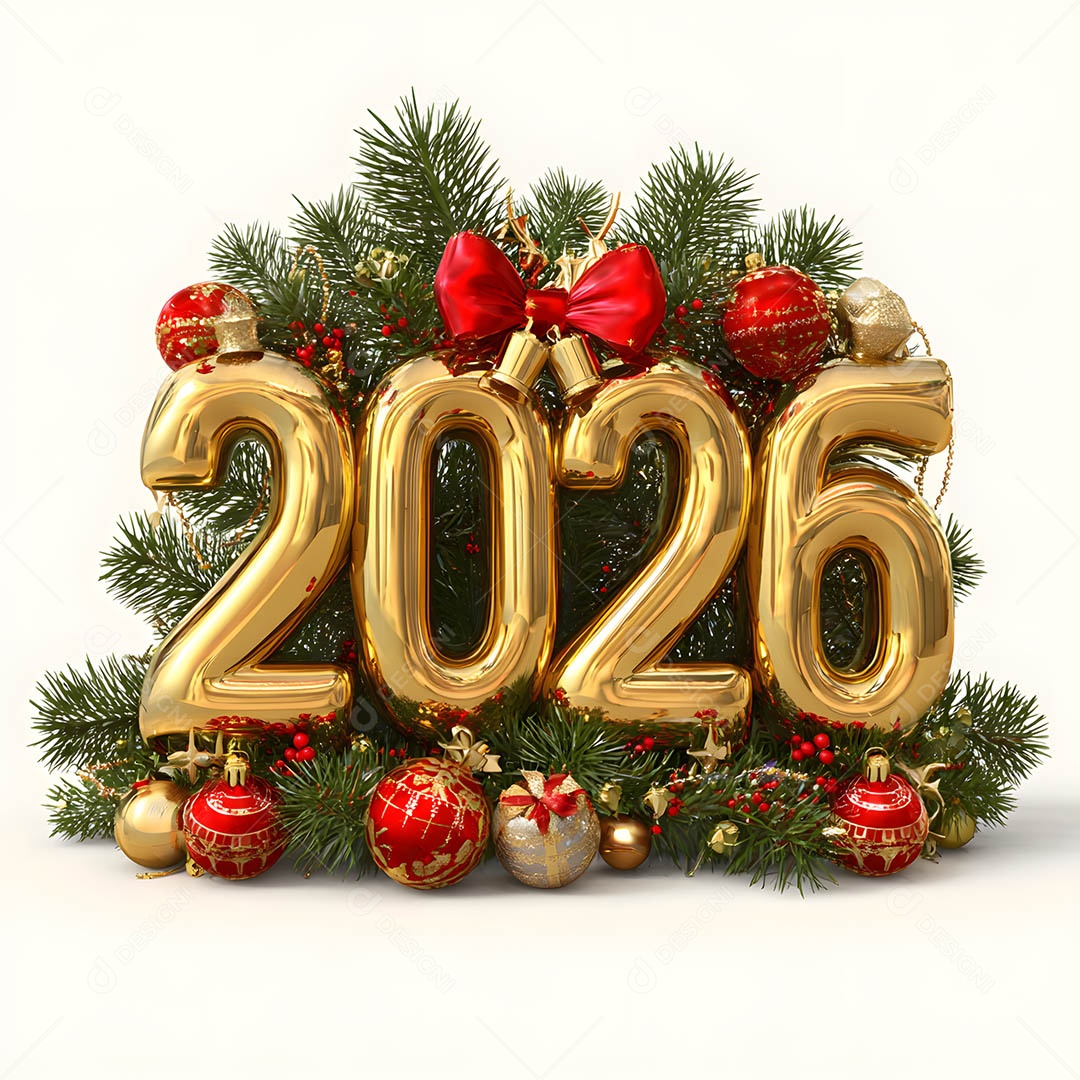 Vista frontal Feliz Ano Novo 2026 dourado sob fundo branco isolado