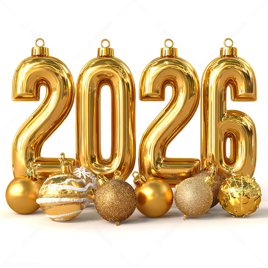Vista frontal Feliz Ano Novo 2026 dourado sob fundo branco isolado