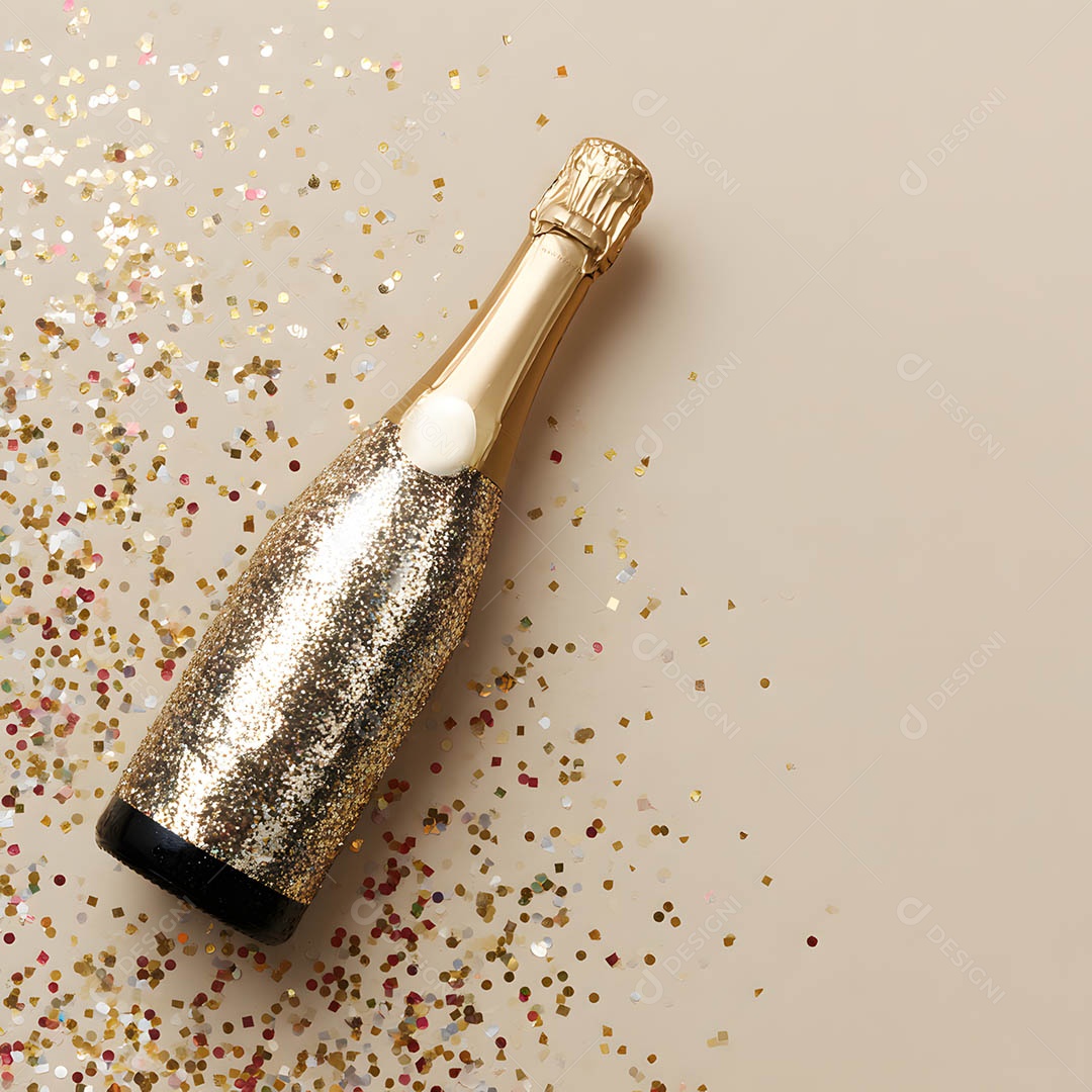 Linda garrafa de espumante decorativa cercada por confetes dourados