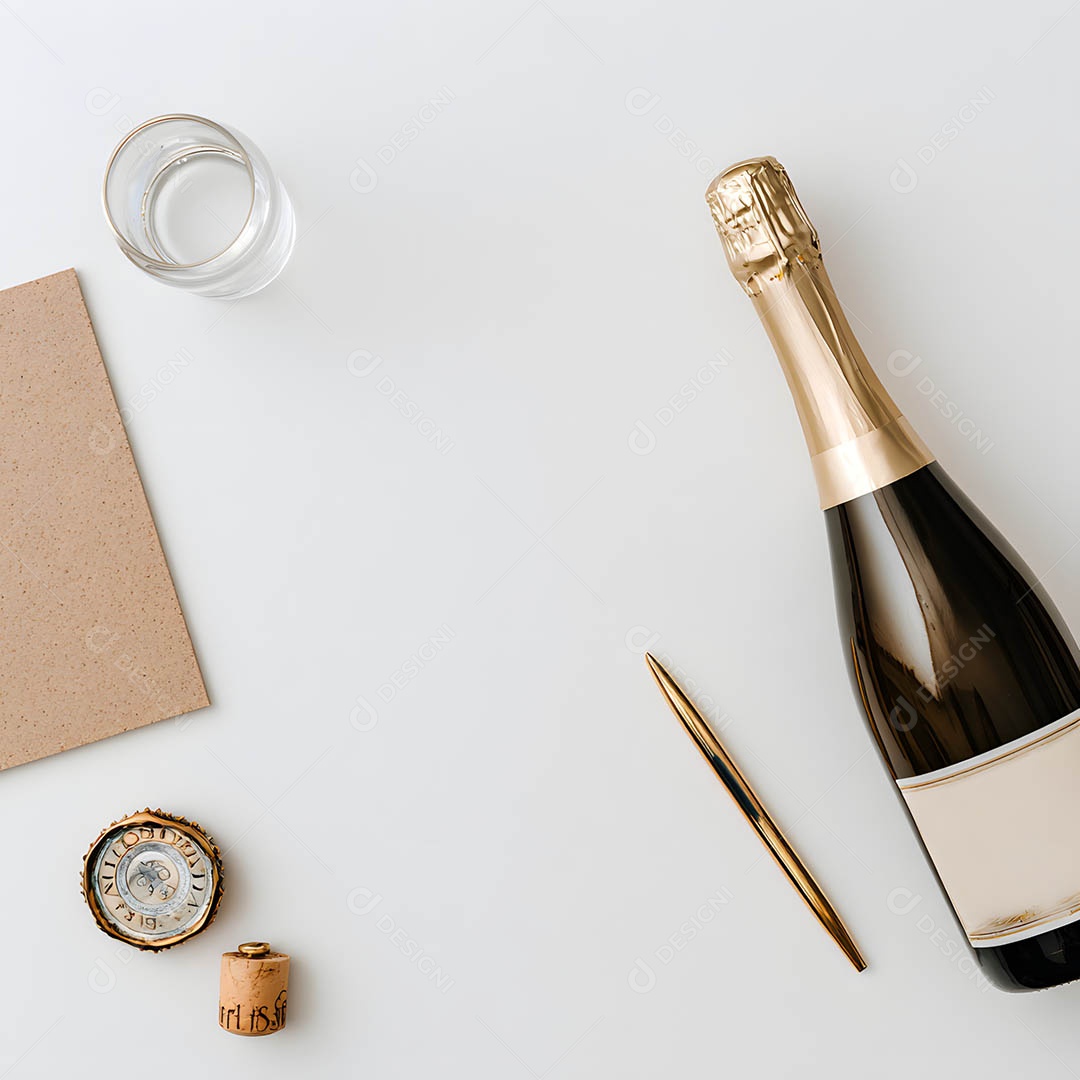 Garrafa de champanhe e itens de papelaria em uma mesa branca