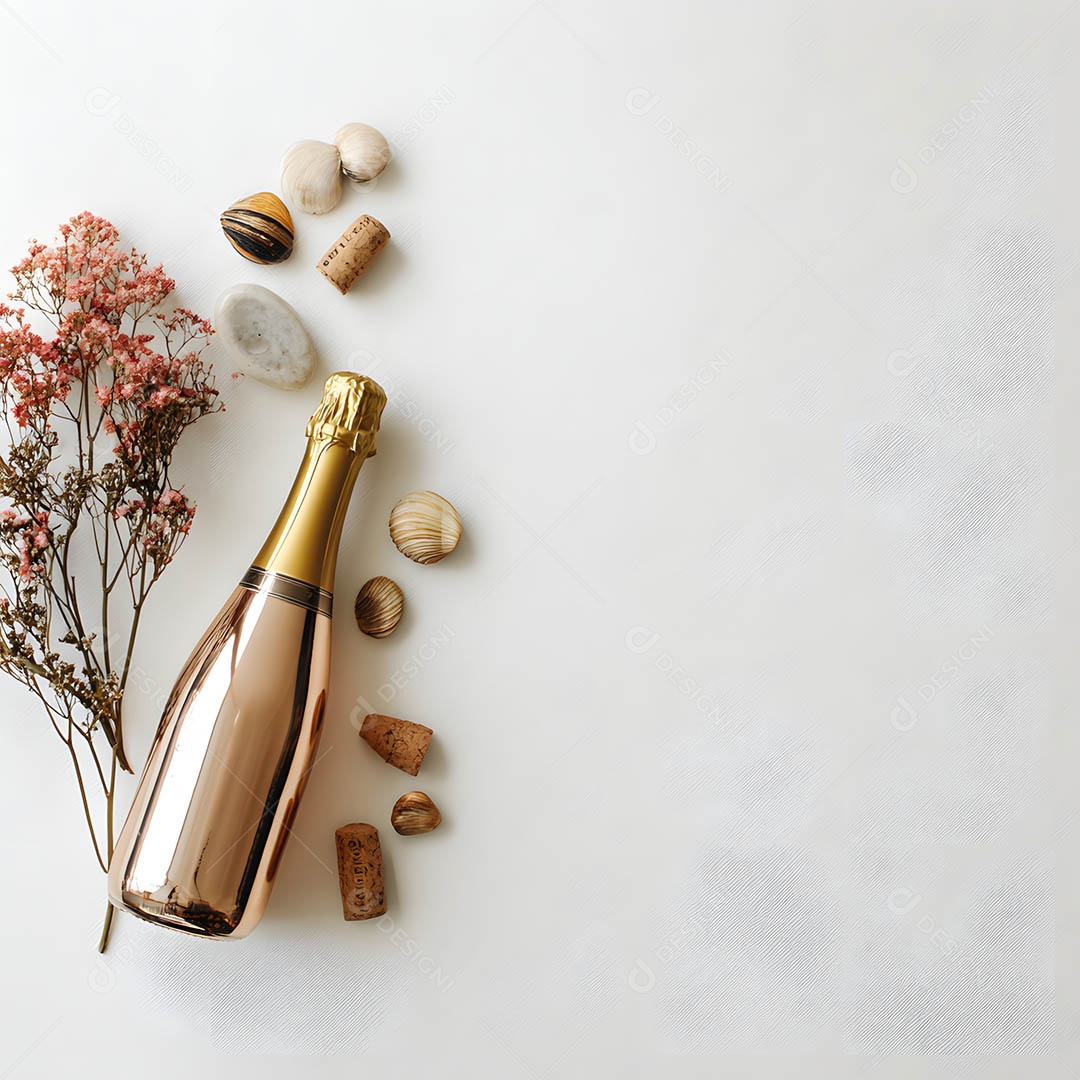Garrafa de champanhe e itens de papelaria em uma mesa branca