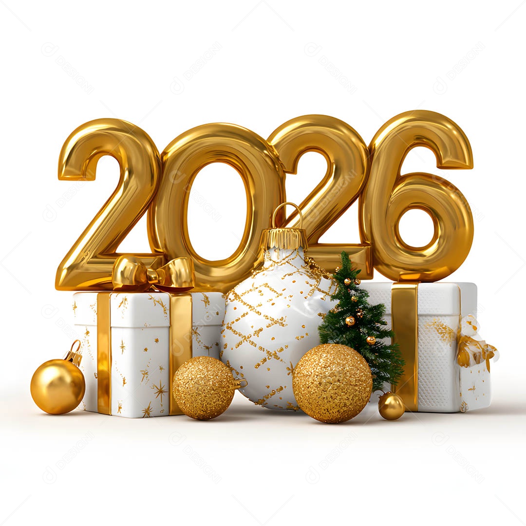 Vista frontal Feliz Ano Novo 2026 dourado sob fundo branco isolado