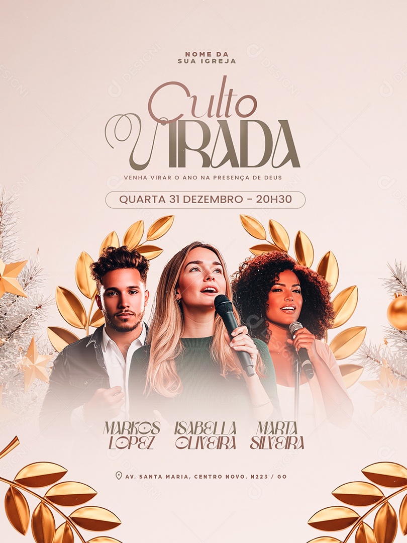 Flyer Gospel Culto Virada Venha Virar o Ano na Presença de Deus Social Media PSD Editável