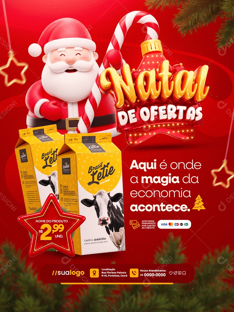 Natal de Ofertas Supermercado Caixa de Leite Aqui é Onde a Magia da Economia Acontece Social Media PSD Editável