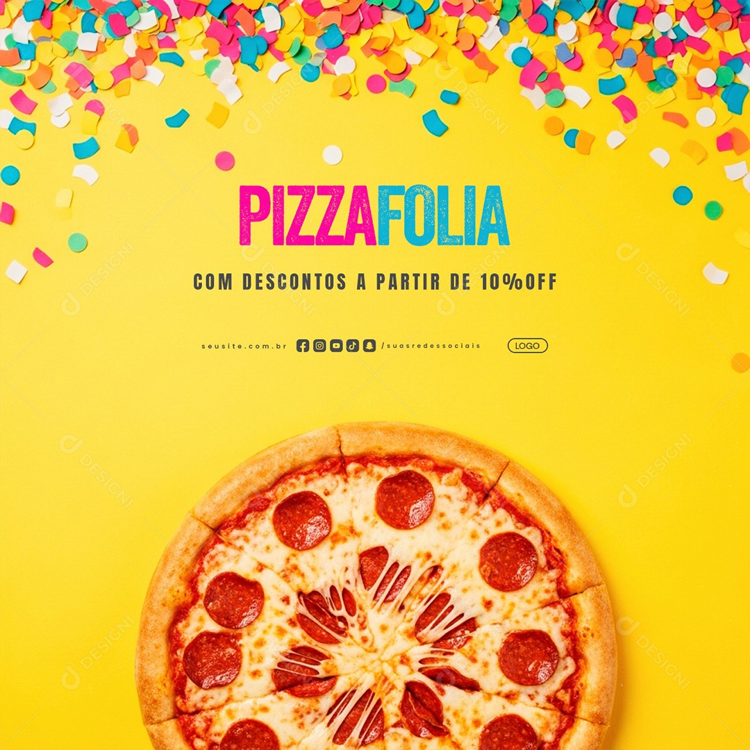 Carnaval Pizza Folia com Descontos a Partir de 10% Off Social Media PSD Editável