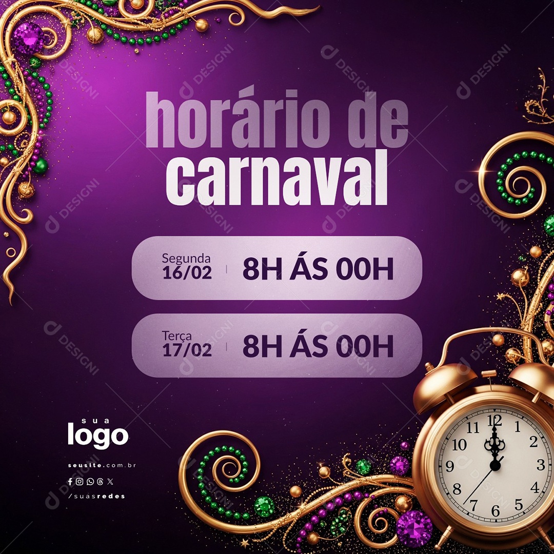 Horário Especial de Carnaval Segunda e Terça Social Media PSD Editável