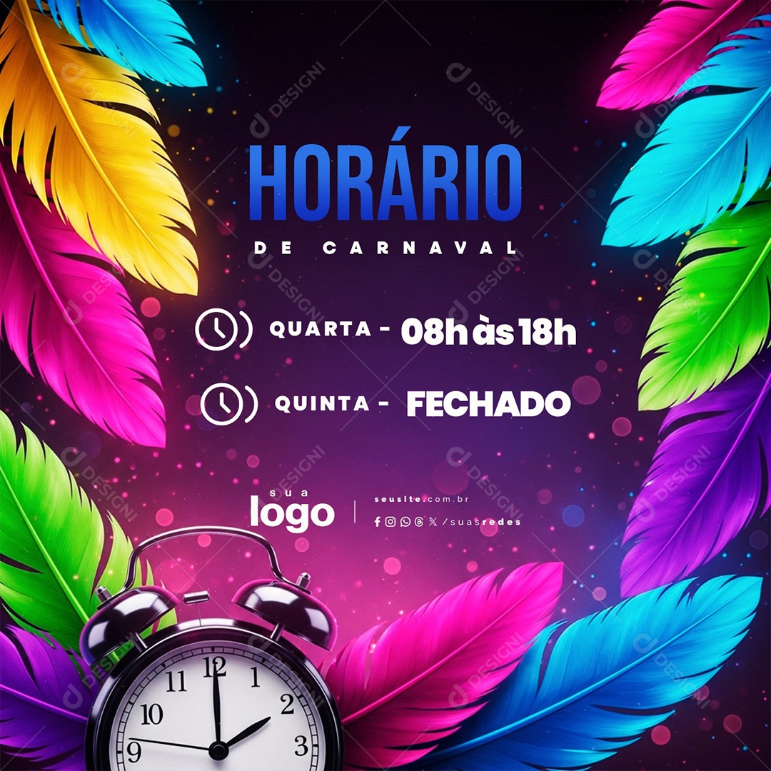 Horário de Carnaval Quarta Aberto Quinta Fechado Social Media PSD Editável