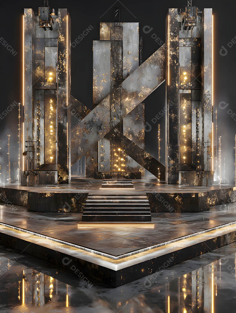 Um palco em uma renderização 3D na cor dourada