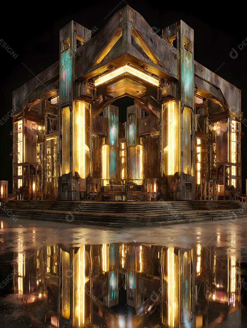 Um palco em uma renderização 3D na cor dourada