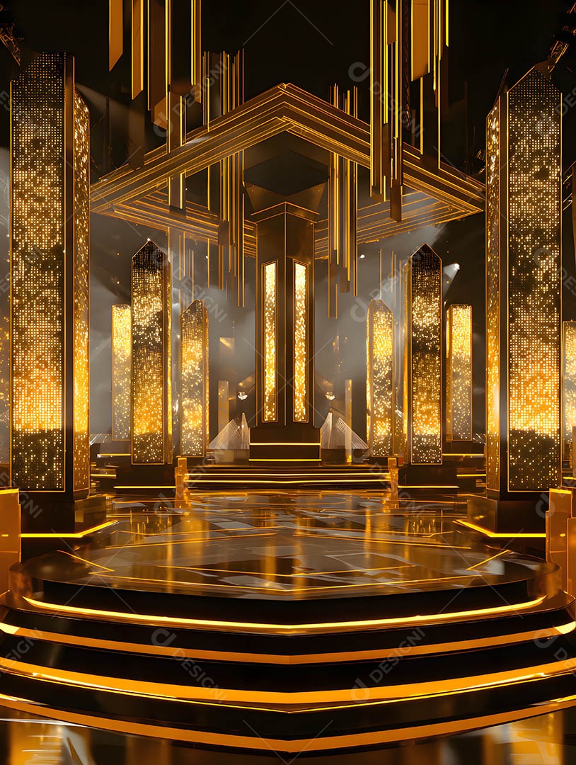 Um palco em uma renderização 3D na cor dourada